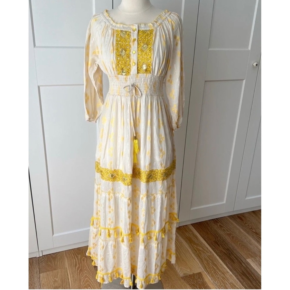 Anthro Me 2 Magic Embroidered 100% Cotton Peasant Tassel Boho Maxi Dress S - Picture 1 of 9